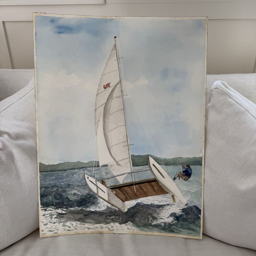 JP Fay Original Watercolor Painting Catamaran Sailboat Ocean Sailing Choppy